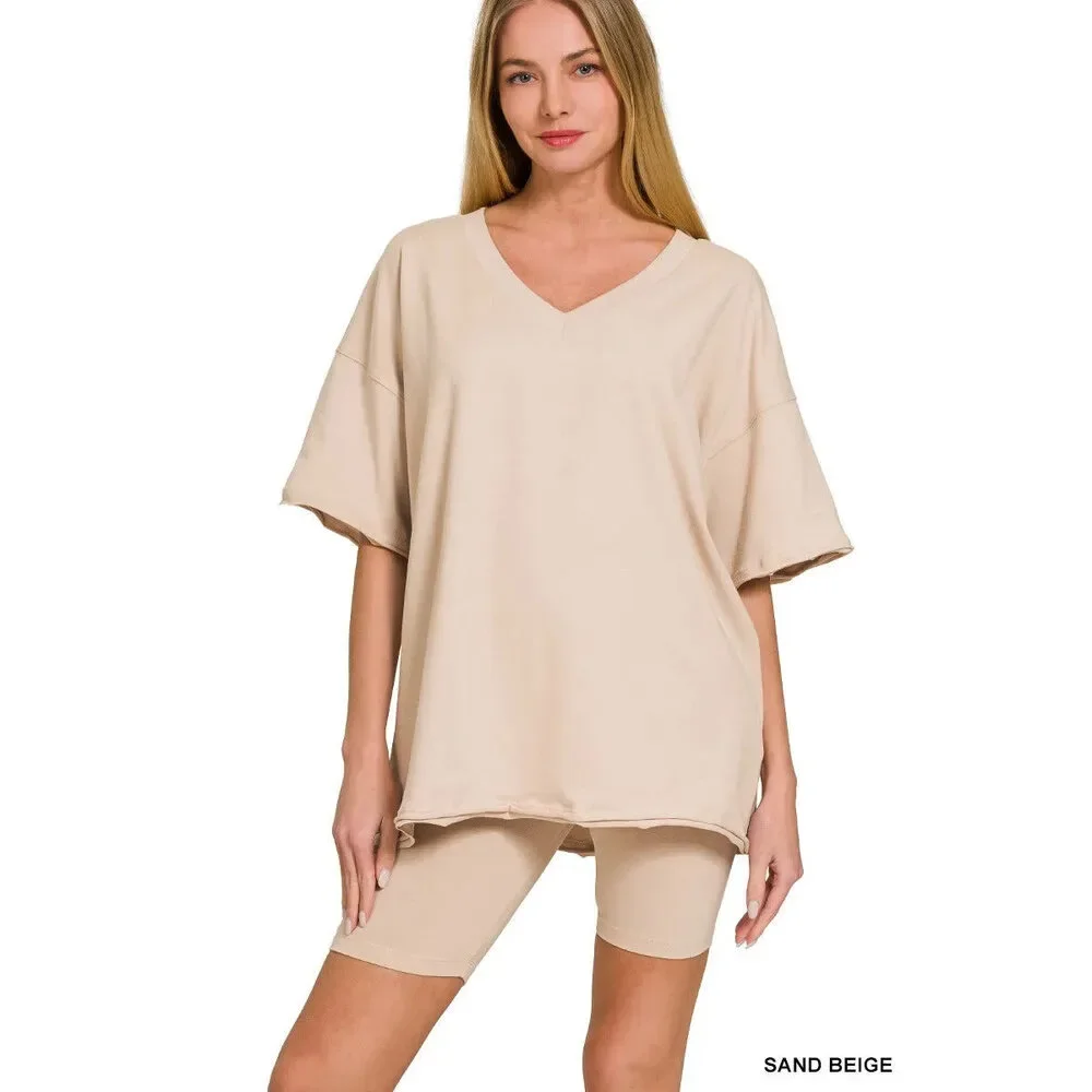 Zenana Cotton V-neck Top & Biker Shorts Set